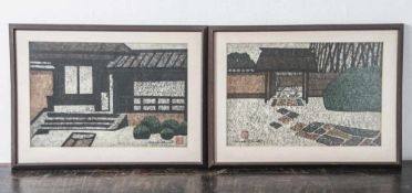 Okamoto, Moriaki (20. Jahrhundert), 2 farbige Holzschnitte, auf Rechnung je bez. "Katuna (I)" u. "