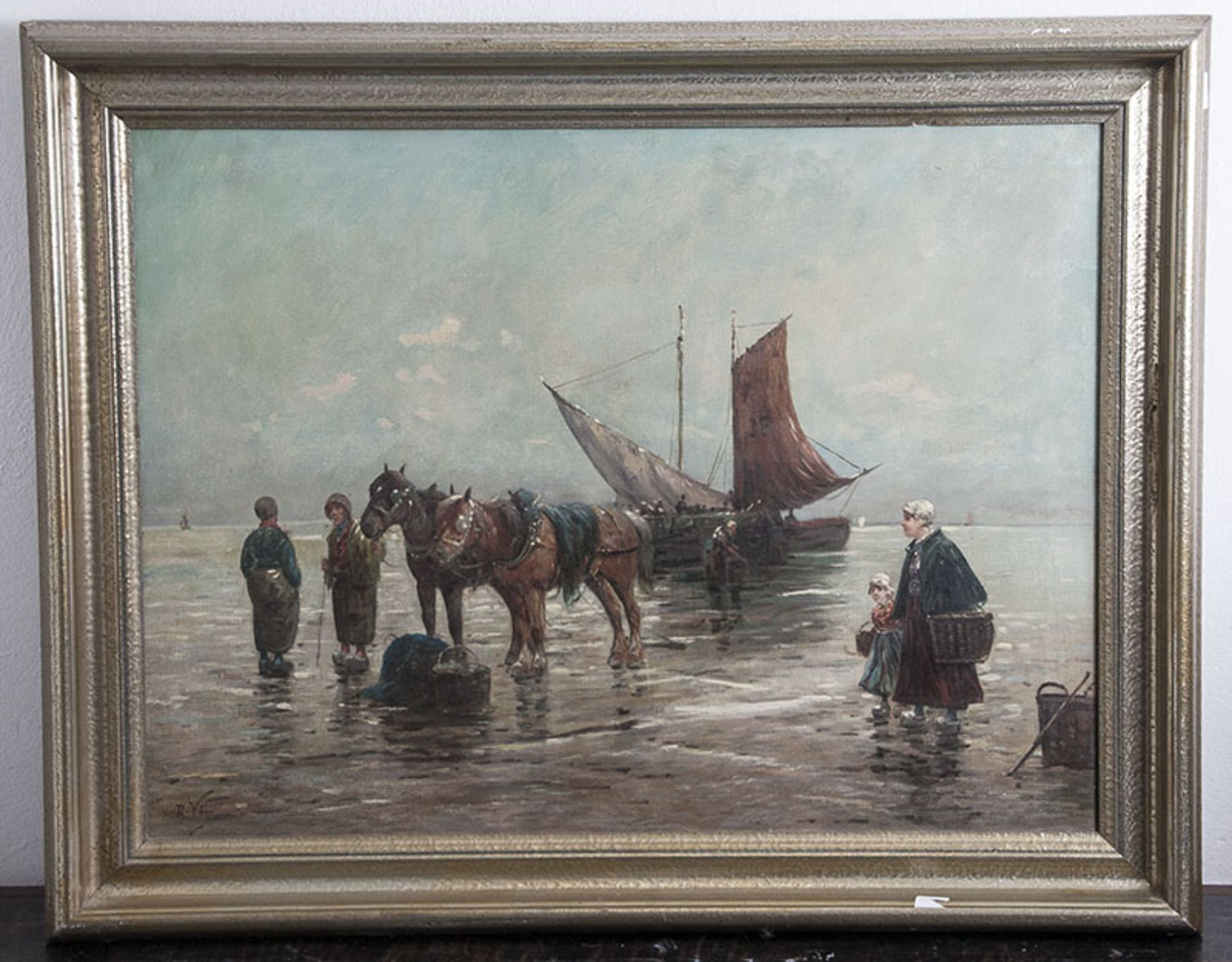 Volter, R. (20. Jahrhundert), Wattenmeer in Nordholland mit Segelschiff, Pferdegespann u. reicher
