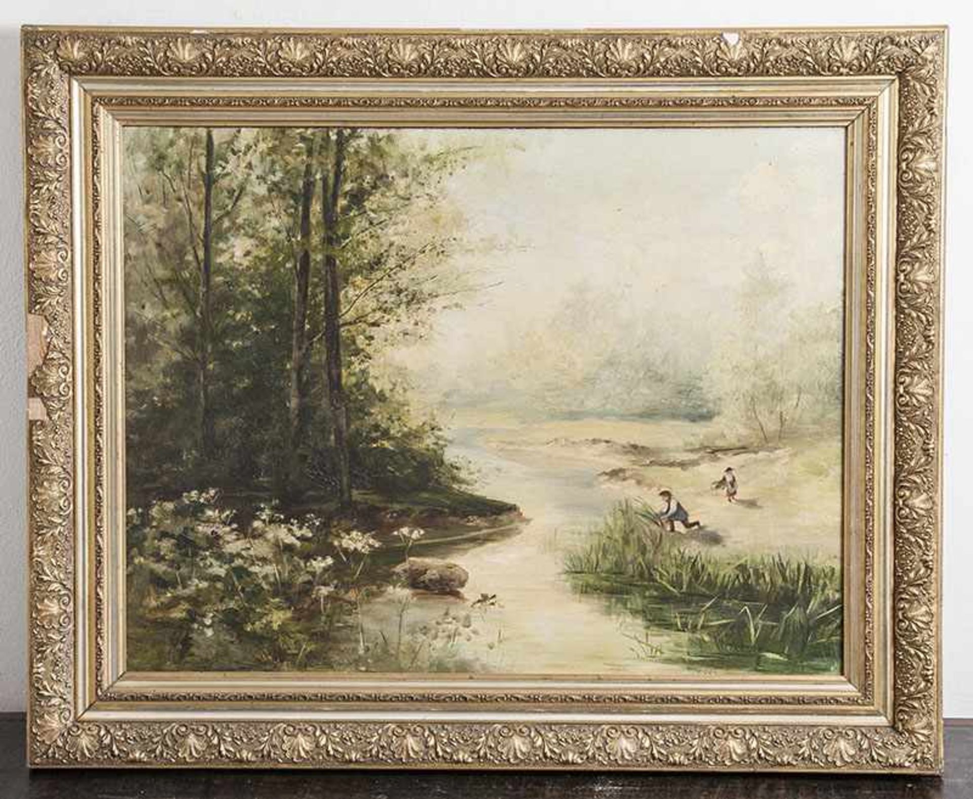 Unbekannter Künstler (20. Jahrhundert), Schilfsammler am Flußufer, Öl/Lw. Ca. 56 x 73 cm, gerahmt.