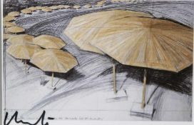 Christo (geb. 1935), "The umbrellas", Projekt for Japan, Multiple, li. u. sign. Ca. 14 x 9,5 cm, PP,