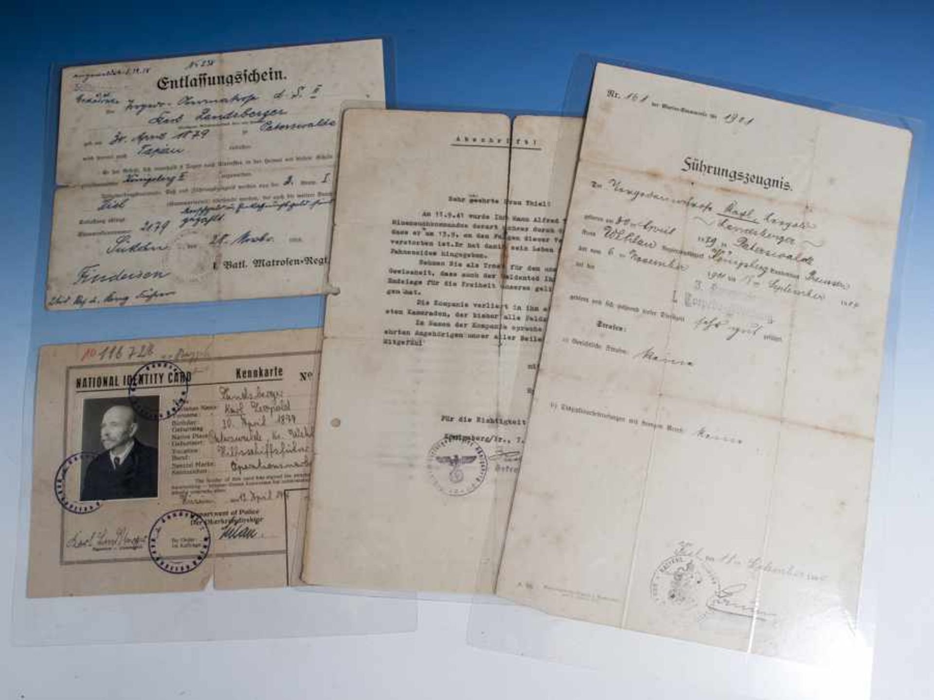 4 verschiedene Urkunden, I. Weltkrieg, Karl Leopold Landsberger, Führungszeugnis, 2. Kompanie I.