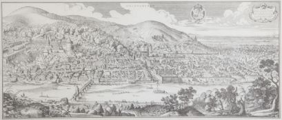 Kupferstich nach einer Radierung von Matthäus Merian, Heidelberg, rechts oben in Kartusche bez. "