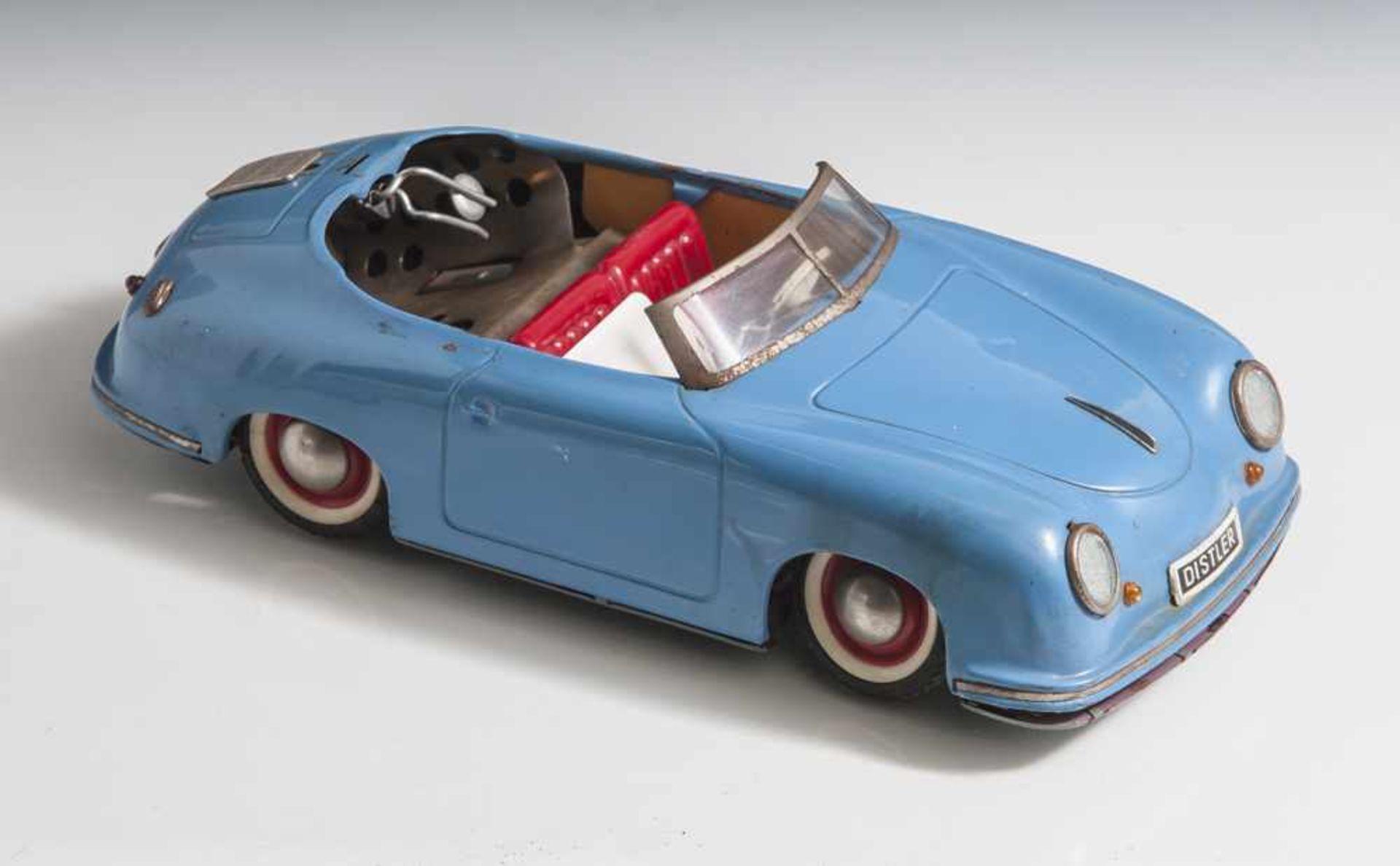 Blechauto "Distler Porsche 356", blau, Electro Matic 7500. L. ca. 25 cm, Batterieabdeckung fehlt,