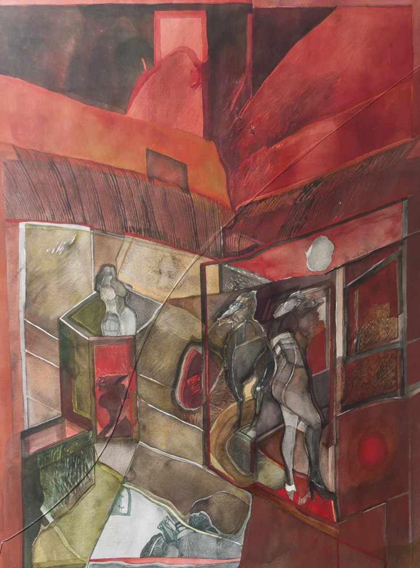 Szubinska, Barbara (geb. 1934), Komposition in Rot- u. Grüntönen, Aquarell, re. mit Bleistift