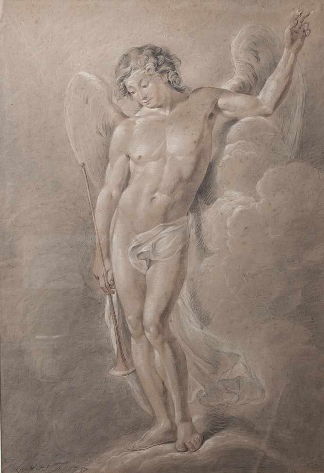 Lauwers, Jacobus Johannes (1753-1800), Engel mit Posaune, Aquarell/Kohle, teils weiß gehöht, li.