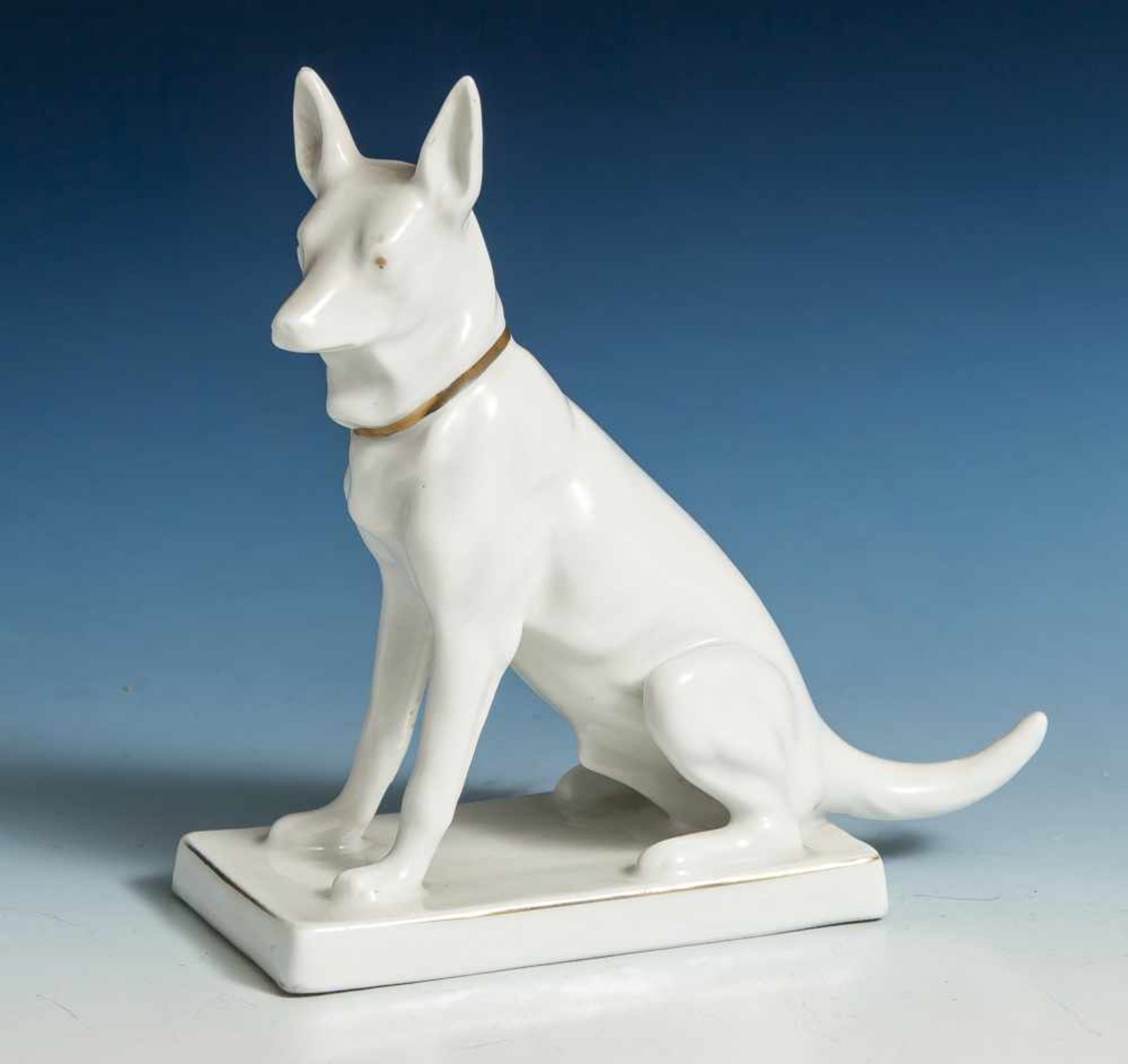 Porzellan-Tierplastik, Hund auf eckiger Plinthe sitzend, Neue Porzellanfabrik Tettau, grüne