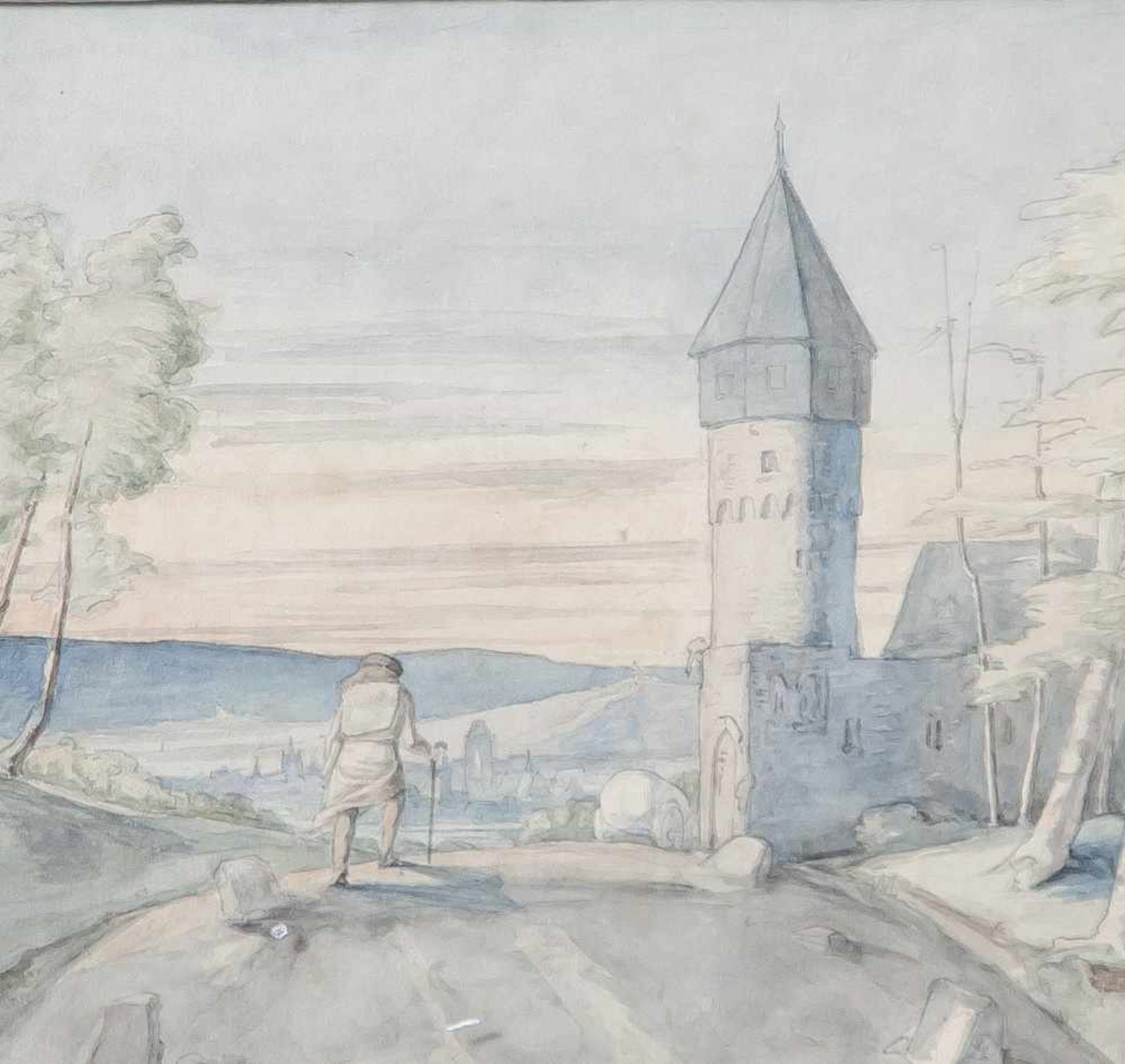 Unbekannter Maler (wohl 18./19. Jahrhundert) Wanderer vor Stadtkulisse, Aquarell/Bleistift, li. u.