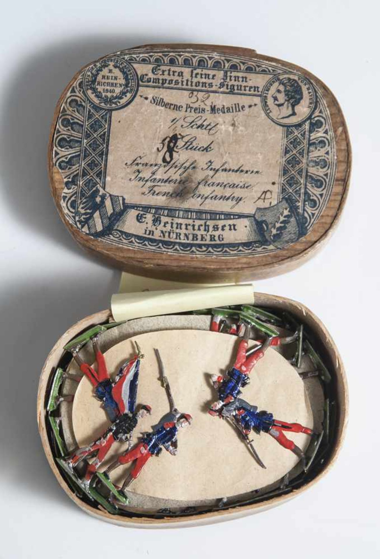 56 Zinnfiguren, "Franz. Infanterie", Ernst Heinrichsen, Nürnberg, Goldene Preis Medaille. In org.