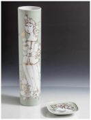 2 Teile Porzellan, zylinderförmige Vase u. kl. quadratischer Teller, Rosenthal, je grüne