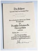 Urkunde "Deutsche Schutzwall-Ehrenzeichen", verliehen an den Vorarbeiter Adolf Wisseborn in Bad