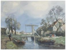 Hoppe, v. M., "Kanalansicht m. Hebebrücke in Holland", Mischtechnik. Ca. 30 x 38 cm, hinter Glas