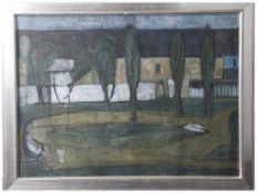 Unbekannter Maler (20. Jahrhundert), Allee mit Teich und figürlicher Staffage, im Hintergrund