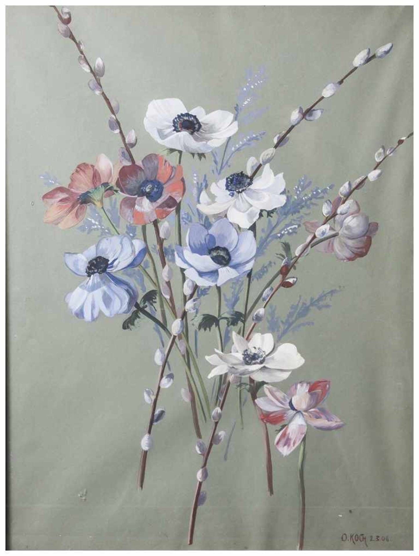 Koch, Otto Albert (1866-1920), Blumenstillleben mit Anemone u. Weidenkätzchen, Aquarell, re. u.