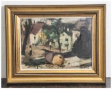Unbekannter Künstler (20. Jahrhundert), Fensterblick mit Obst und Krug, Öl/Malkarton, im