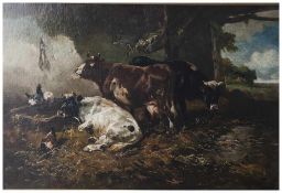 Schouten, Hendrik Marcus (1791-1835), Drei Kühe im Stall vor einem Trog mit Federvieh, Öl/Lw., re.