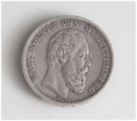 Silbermünze, 5 Mark, Deutsches Reich 1874 (F), umseitig bez. "Karl Koenig von Wuerttemberg",