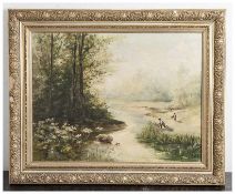 Unbekannter Künstler (20. Jahrhundert), Schilfsammler am Flußufer, Öl/Lw. Ca. 56 x 73 cm, gerahmt.