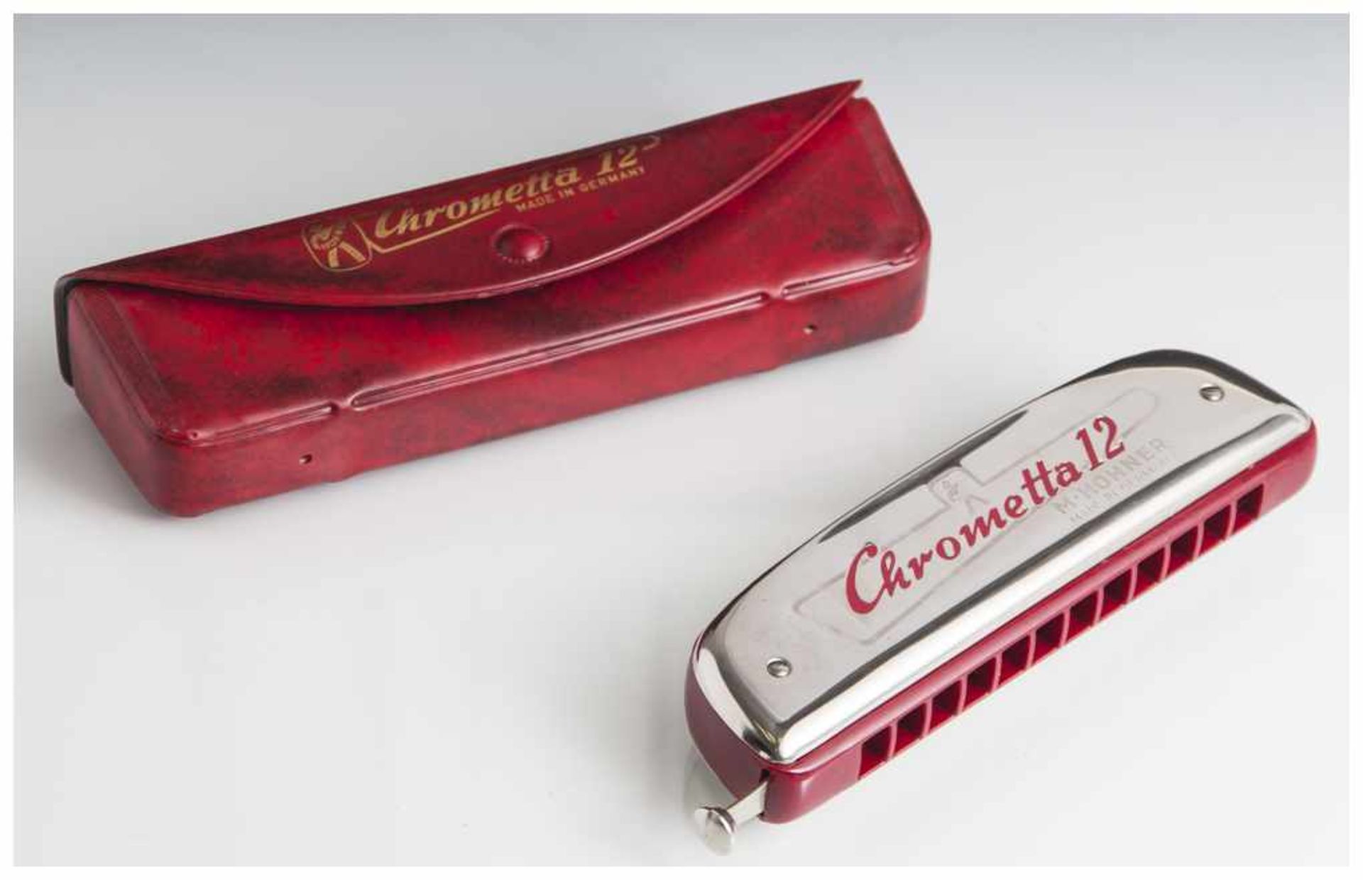 Mundharmonika "Chrometta 12", Hohner, Kunststoff, Schieberegler für Halbtöne, in org. Etui, L. ca.