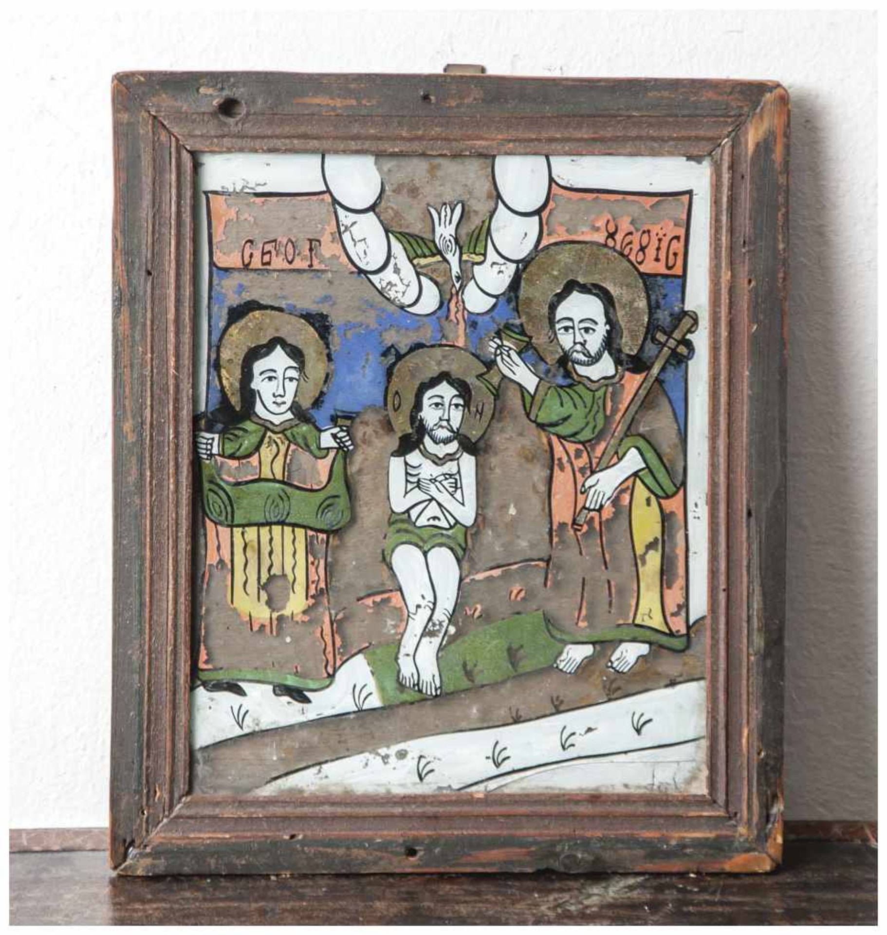 Hinterglasmalerei, wohl 18./19. Jahrhundert, Darst. wohl Maria u. Josef sowie mittig Jesus u. der