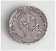 Silbermünze, 5 Mark, Deutsches Reich 1876 (F), umseitig bez. "Karl Koenig von Wuerttemberg",