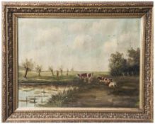 Unbekannter Maler (wohl 19. Jahrhundert), Landschaft mit Kühen an Teich, im Hintergrund eine
