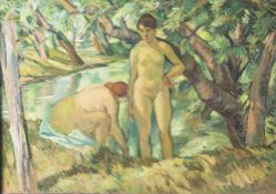 Kopp, Otto (1879-1947), 2 badende Frauen am Weiher, Öl/Platte, re. unten monogrammiert. Ca. 50 x