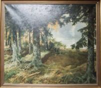 Hermanns, Rudolf (1860-1935), Lichtdurchflutete Waldlandschaft mit Blick auf einen See od.