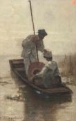 Falkenberg, B. (19./20. Jahrhundert), Bootsfahrt, 2 Männer in Boot auf schilfbewachsenem Fluss, Öl/