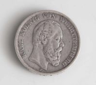 Silbermünze, 5 Mark, Deutsches Reich 1874 (F), umseitig bez. "Karl Koenig von Wuerttemberg",