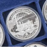 5 Silbermünzen, 10 Euro, 2010, BRD, PP, 175 Jahre Eisenbahn in Deutschland, Münzen in Kapsel.