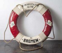 Alter Rettungsring "TS Bremen", wohl um 1900, Ring in Weiß und Rot mit Aufschrift "Norddeutscher