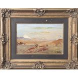 Wuttke, Carl (1849-1927), "Abend in der Steppe Teheran", weite Landschaft mit Kamelreitern, Öl/Holz,