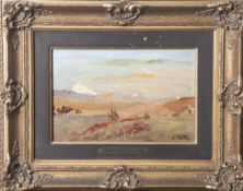 Wuttke, Carl (1849-1927), "Abend in der Steppe Teheran", weite Landschaft mit Kamelreitern, Öl/Holz,