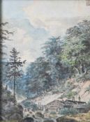 Unbekannter Maler (19. Jahrhundert), Wassermühle in bewaldeter Flusslandschaft, Aquarell. Ca. 18 x
