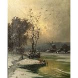 Heine, E. (19./20. Jahrhundert), Verschneite Flusslandschaft mit Wanderer auf schmalem Weg, im