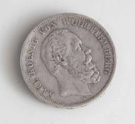 Silbermünze, 5 Mark, Deutsches Reich 1876 (F), umseitig bez. "Karl Koenig von Wuerttemberg",
