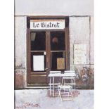 Fournier (20. Jahrhundert), "Le Bistrot", Eingang eines Cafes, davor Tisch mit 3 Stühlen, Öl/Lw, li.