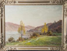 Gerhard, Adolf (1910-1975), Ansicht bei Bacharach/Rheintal, Blick auf den Rhein sowie Ortschaft