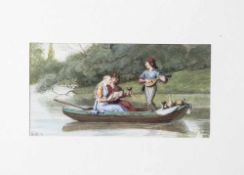 Monogrammist R.B. (19. Jahrhundert), Liebespaar und Lautenspieler auf Boot in idyllischer