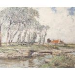 Hambüchen, Wilhelm (1869-1939), Landschaft mit Fluss und Brücke, im Hintergrund bäuerliches