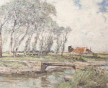 Hambüchen, Wilhelm (1869-1939), Landschaft mit Fluss und Brücke, im Hintergrund bäuerliches