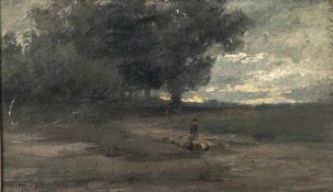 Loefftz, Ludwig von (1845-1910), pastorale Landschaft, Schäfer mit Schafherde in dämmriger Szenerie,