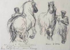 Dill, Otto (1884-1957), 2 von ihren Reitern an den Zügeln geführte Pferde, Zeichnung, re. unten