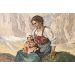 Unbekannter Künstler (19./20. Jahrhundert), Mutter mit Kind auf dem Schoß vor Gebirgskette, wohl
