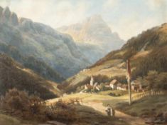 Unbekannter Künstler (19. Jahrhundert), Dorf im Gebirge, im Vordergrund Frau mit Kind auf Weg, im