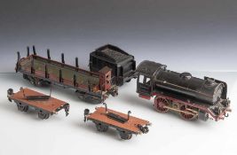 Märklin, Dampflok mit Tender und 3 Güterwaggons, Spur 0, elektr., bespielt.