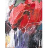 Ajana, "Red Flowers", Acryl/Lw., re. u. sign., Farbkomposition. Ca. 70 x 55 cm.