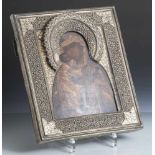 Ikone Maria mit Jesusknaben, Russland, 19. Jahrhundert, Riza aus Silber, gestempelt, 84 Zolotniki,