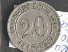 Seltene 20 Pfennigmünze, Deutsches Reich, 1892 E.