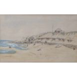 Unbekannter Maler (19./20. Jahrhundert), "Sylt", Strandansicht mit Häusern und Strandbesuchern,